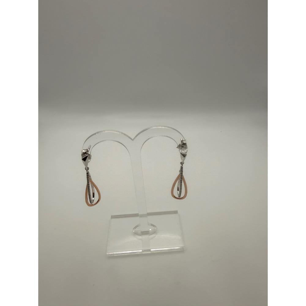 SUN 925 Sterling Silver Two Tone Rose Gold Teardrop CZ Pave Drop Earrings